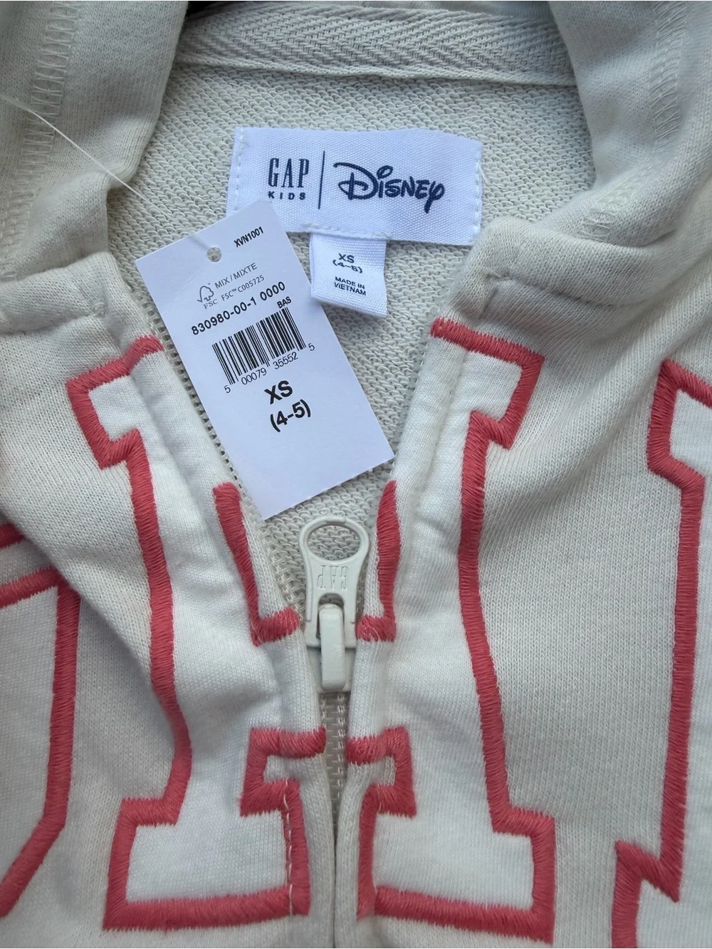 GAP Kids Cream Zip-Up Hoodie with Mickey & Minnie - Size XS 4-5 - New with tag